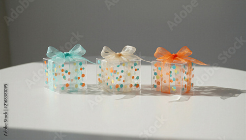 Three small clear gift boxes with colorful polka dots and ribbons