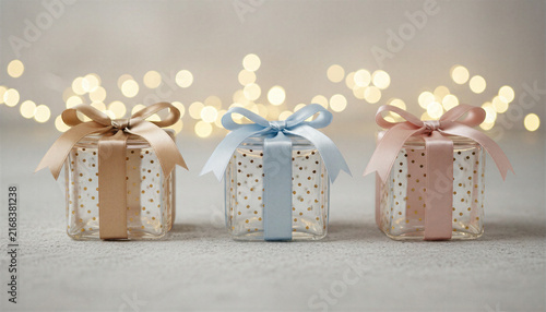 Three gift boxes with ribbons and bokeh lights