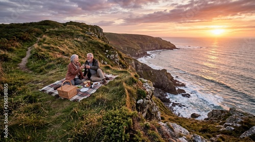 A couple sits on a blanket with food on a cliff overlooking the ocean. They hold drinks and watch the sunset while surrounded by grass and rocky terrain.