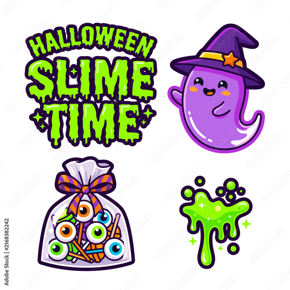 Naklejka premium Halloween slime time sticker set with ghost and eyeballs.