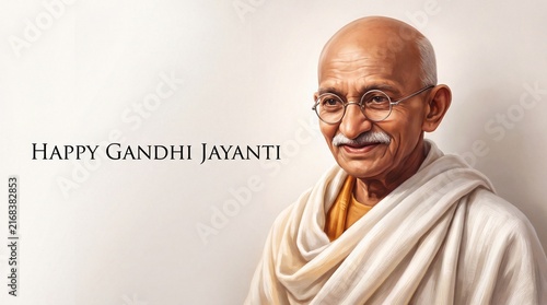 Happy Gandhi Jayanti Greeting Banner with Mahatma Gandhi Portrait on Minimal White Background Design
