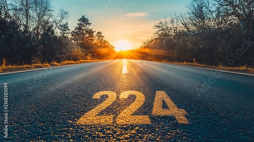 Concept of goals and planning for the new year 2024 text 2024 written on the road in the middle of the asphalt road at sunset challenge business strategy opportunity hope new years resolution
