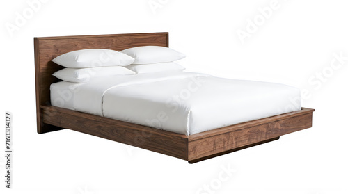 Modern wooden bed frame with white bedding isolated on transparent background