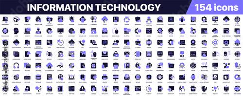 Information technology icon collection in colored style. Set of software, programming, cloud computing, networking, database, internet, hardware and technology icons