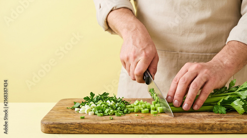 Home chef in kitchen apron slicing fresh green scallions on wooden cutting board, close up shot on yellow background. Healthy meal prep, organic diet and culinary recipe concept.