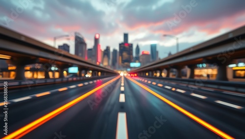 motion blurred highway leading to city skyline at sunset