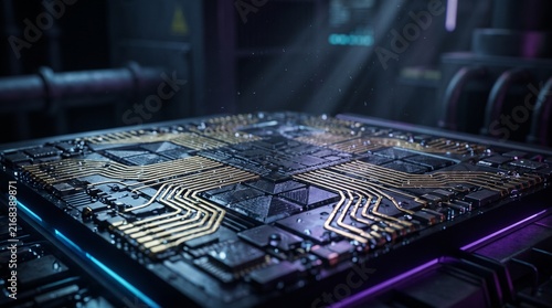 Obraz na płótnie Modern central processing unit on circuit board, futuristic computer microchip and quantum hardware technology concept