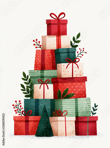Colorful Stack of Christmas Gift Boxes Isolated on White