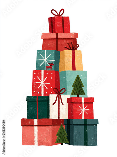 Colorful Stack of Christmas Gift Boxes Isolated on White