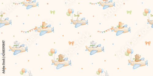 Seamless pattern with cute animals flying plane. Childish characters for kids. Watercolour hand drawn illustrations with bow, garland and balloons