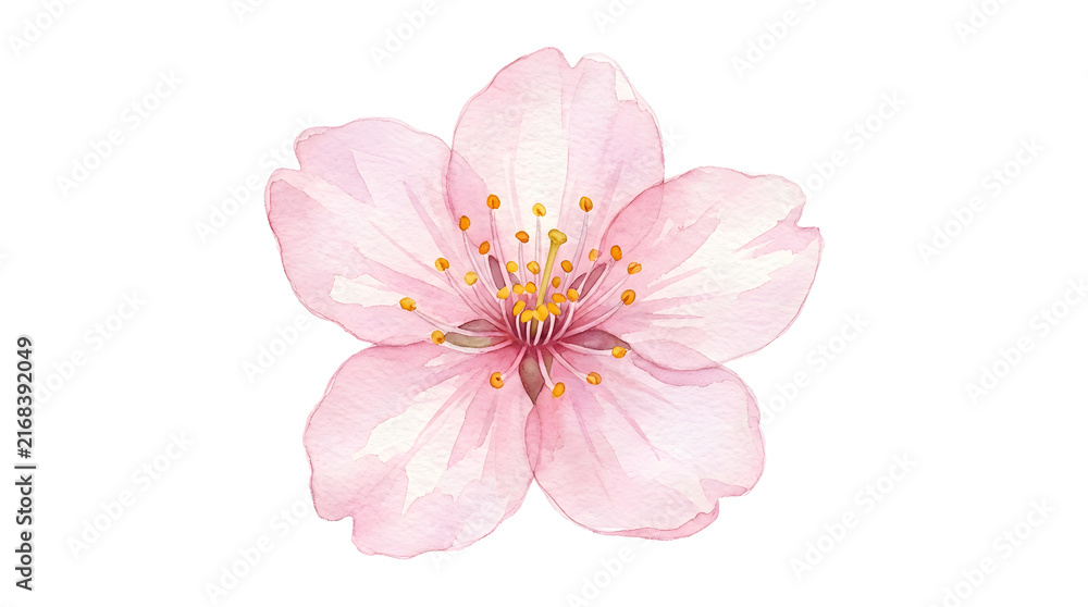 Obraz premium Beautiful watercolor illustration of a single delicate pink cherry blossom flower isolated on white background.