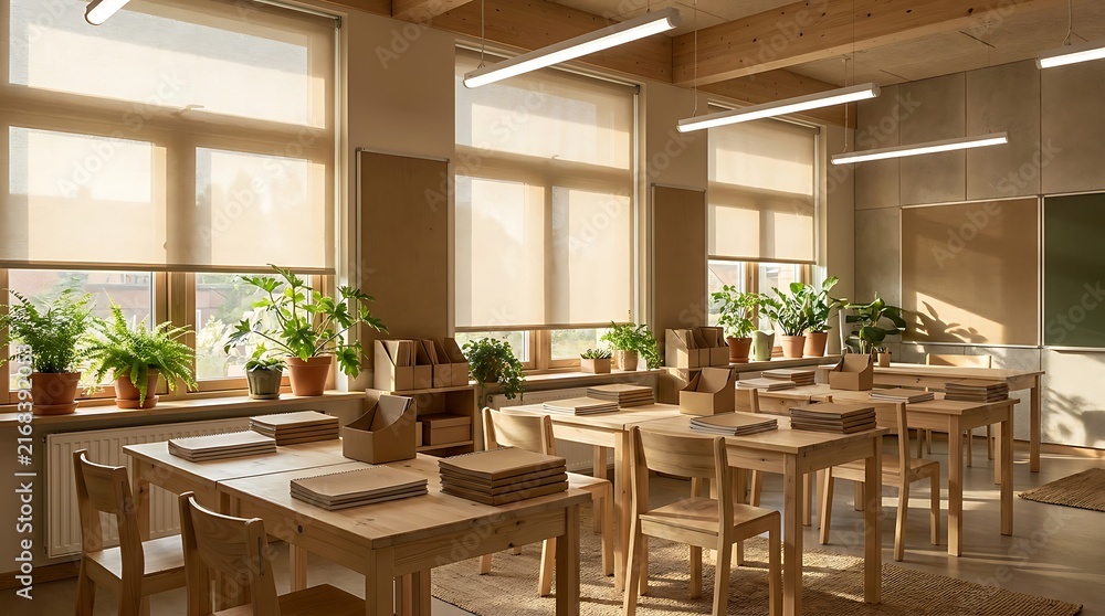 Fototapeta premium A well lit modern classsroom interior featuring wooden desks chairs and natural light from large windows