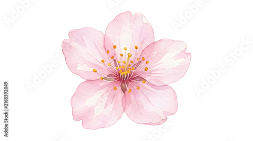 Beautiful watercolor illustration of a single delicate pink cherry blossom flower isolated on white background.