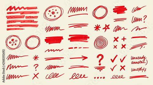Collection of red hand drawn highlighter marks and doodle design elements on white background