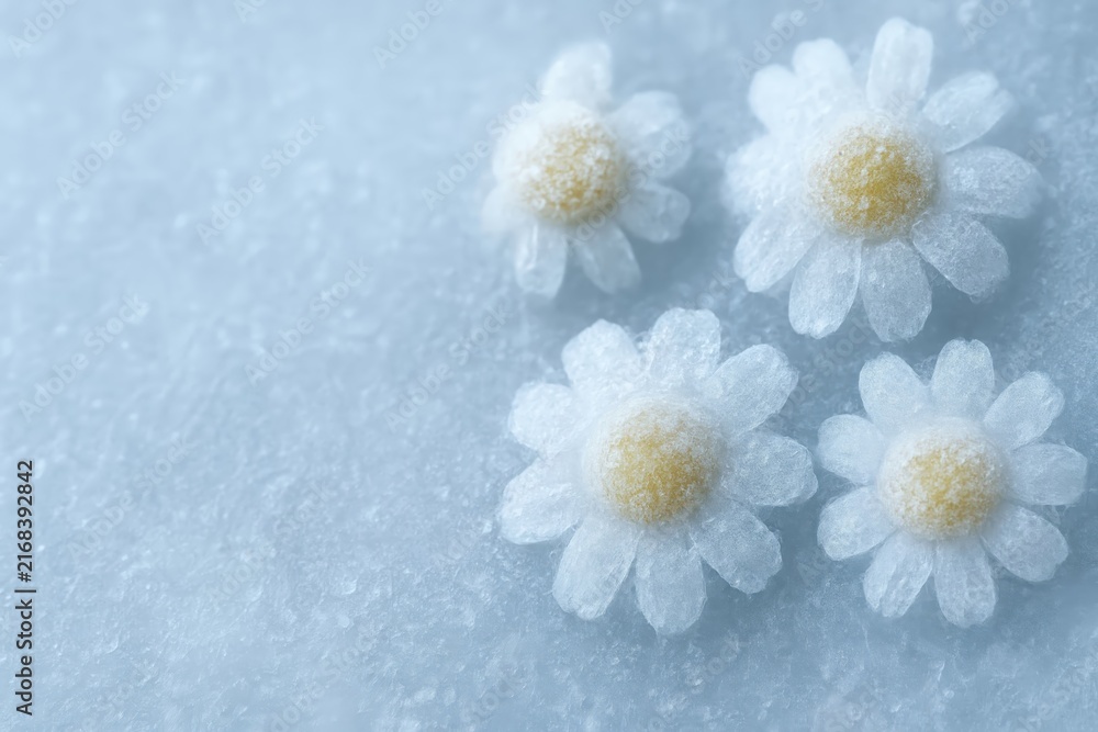 Obraz premium Four delicate frozen daisy flowers embedded inside a solid block of crystal clear ice.