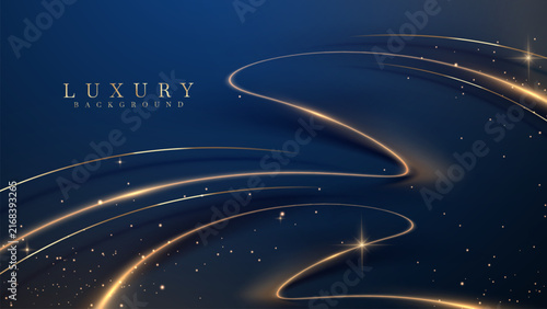 Abstract Dark Blue Background With Gold Wave Line Glow.