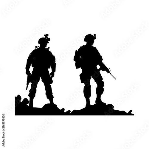 Plakat w ramie Two Armed Soldiers Standing in Military Silhouette