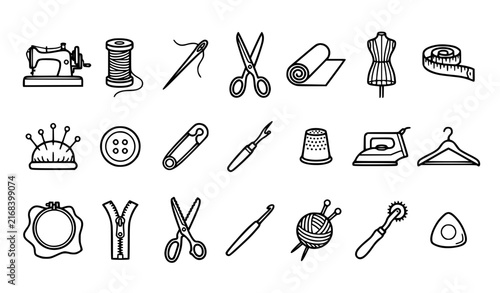 Foto Sewing and tailoring line icons vector set featuring machine scissors needle thr