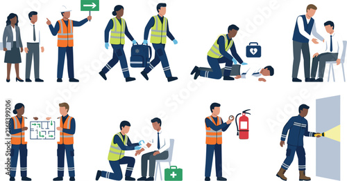 Workplace Safety Emergency Drills and First Aid Response Flat Character Vector Illustration Set
