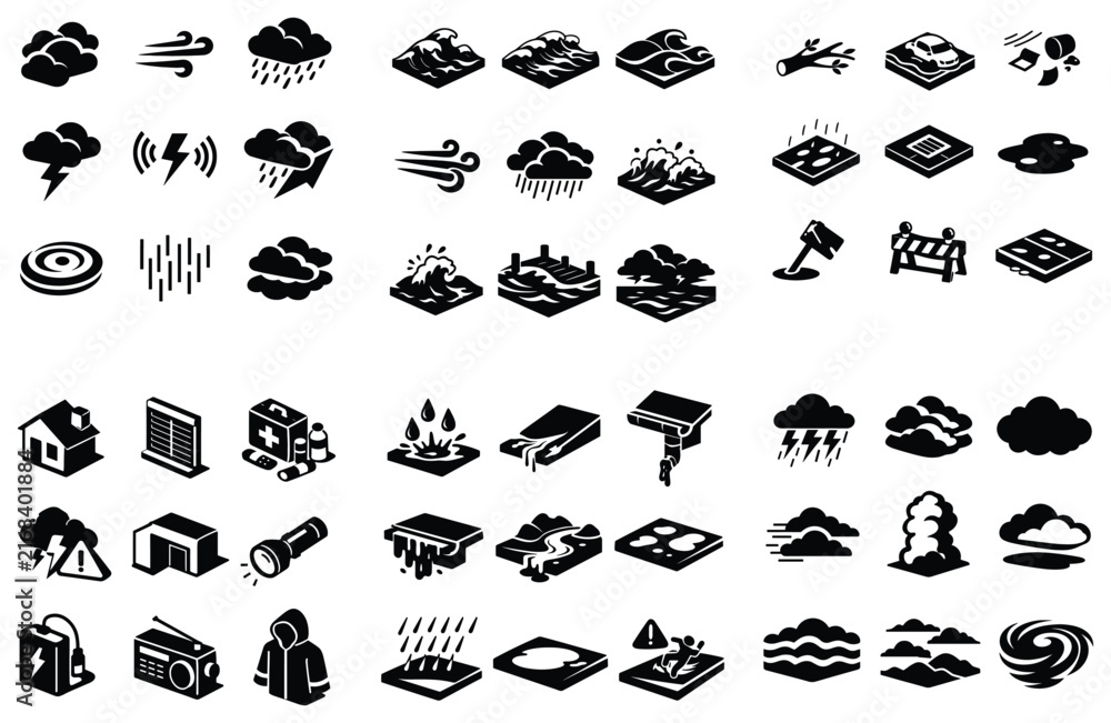 Obraz premium Natural disaster and weather concept icons with storm, rain, flood, waves and emergency tools for safety infographic in solid monochrome style