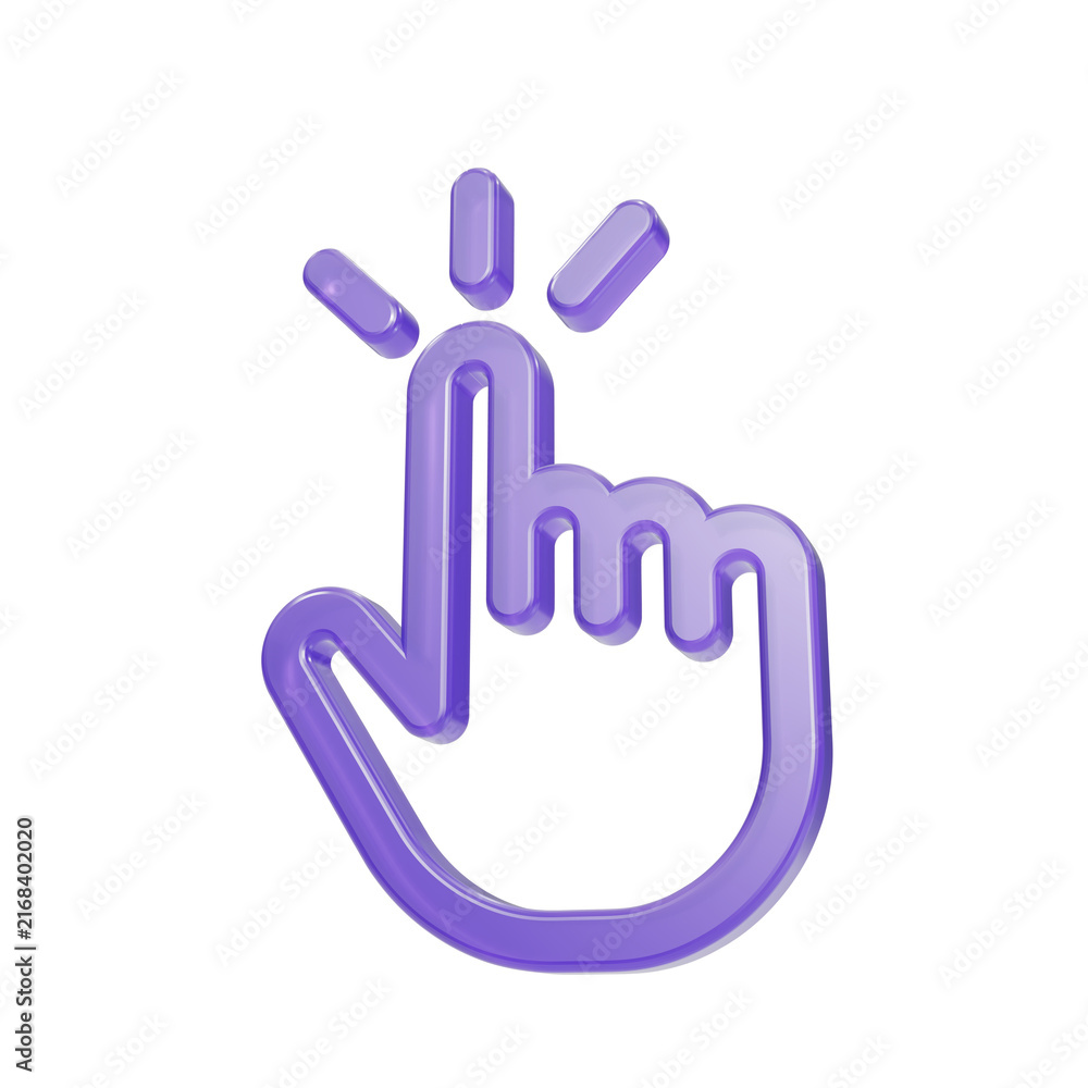 Fototapeta premium Purple 3d outline hand cursor icon clicking on white background