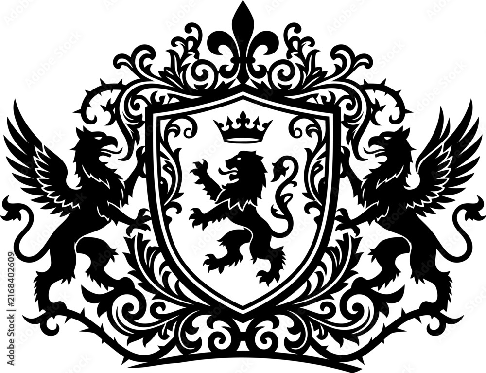 Fototapeta premium Heraldic coat of arms with lion and griffins. Vintage royal shield emblem with mythical creatures. Ornate black crest vector for luxury branding.