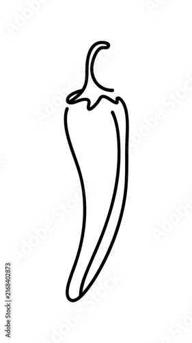 Minimalist continuous line art illustration of a single chili pepper with dynamic S-curve shape — elegant one line drawing for mexican restaurant menu and hot sauce label template
