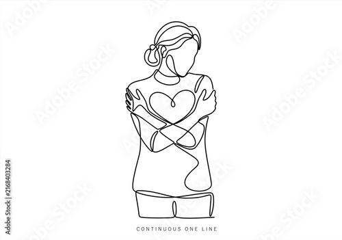 Continuous one line drawing of a girl hugging herself with a big heart symbol on her chest, self love and acceptance concept, hand drawn vector, ready to use design element