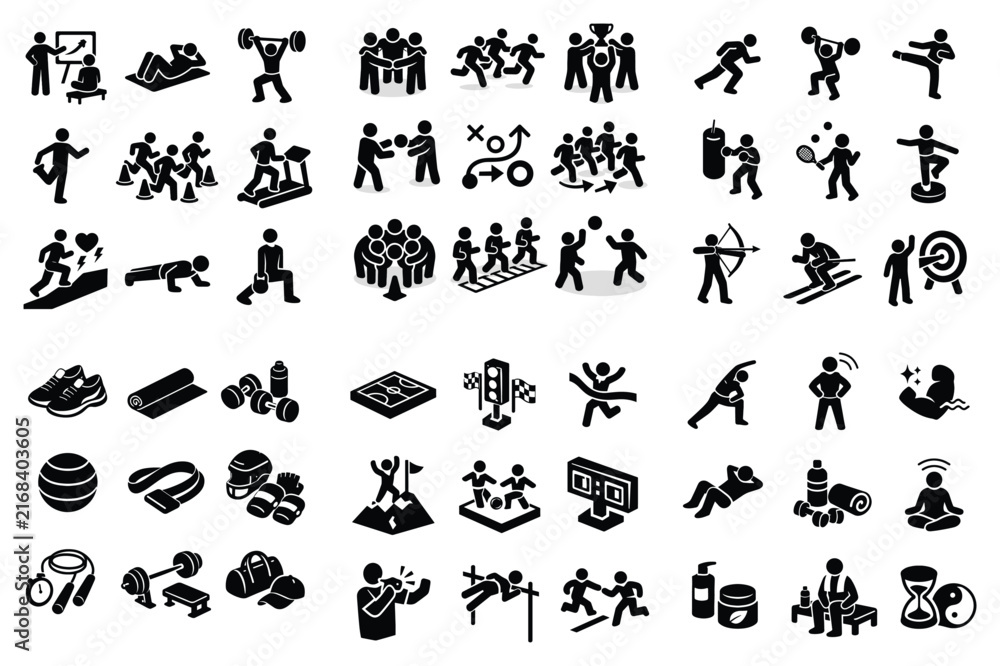 Fototapeta premium Fitness and sports vector icons with running, weightlifting and yoga for mobile app design in solid style