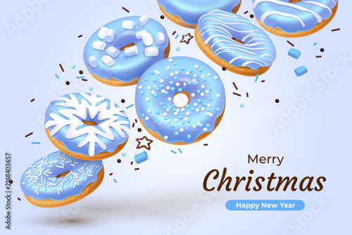 Christmas banner for bakery shop with blue chocolate donuts sprinkles sugar glaze, marshmallows and chopped nuts. Fast food isolated on the orange background. Realistic style. 