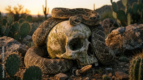 Coiled Snake Around Desert Skull in Barren Landscape