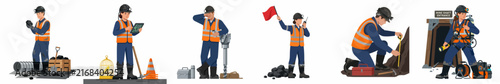 Set of vector illustrations showing a construction worker or miner in different poses and tasks, wearing safety gear on a white background.