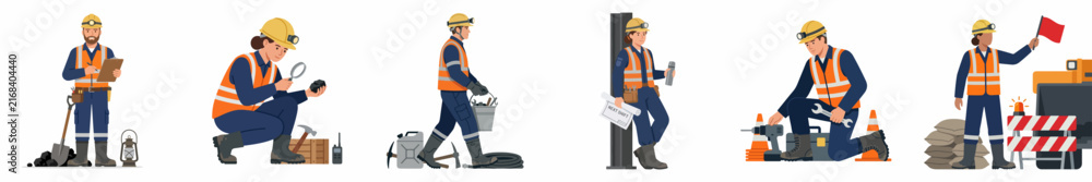 Fototapeta premium Set of diverse construction workers in safety gear performing various professional tasks on-site, including surveying, manual labor, and site management illustrations.