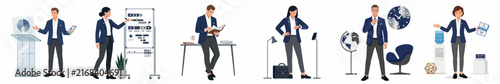 Photography Set of vector illustrations featuring diverse business professionals in various office scenarios including presentations, meetings, and global business tasks