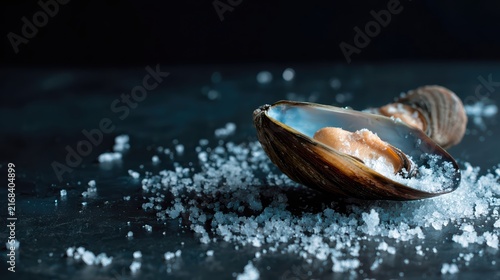 A fresh clam shell rests on coarse sea salt, highlighting its briny texture. The image captures seafood's natural allure and culinary appeal in elegant detail.