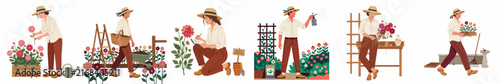 Illustration set of a woman gardener performing various gardening activities like watering, planting, and harvesting flowers in a garden.