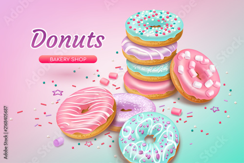 Banner for bakery shop with colorful chocolate donuts sprinkles sugar glaze, marshmallows and chopped nuts. Fast food isolated on the pink background. Realistic style. 