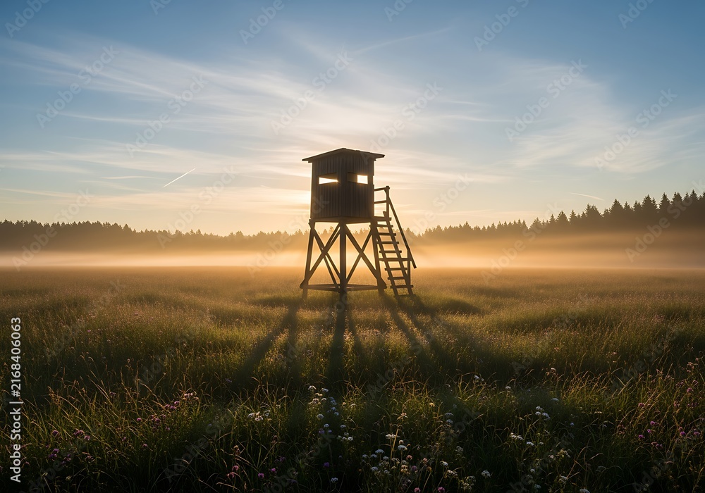 Naklejka premium Hunting Stand Silhouette in a Misty Field at Dawn with Sun Rays