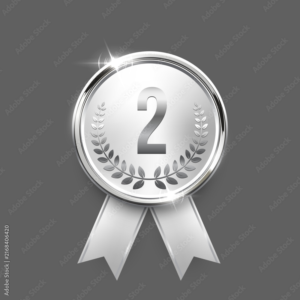 Fototapeta premium Silver medal. Realistic 3D platinum award medal with ribbons, symbolizing second place in sports, competitions, athletic events. Winner emblem, diploma, certificate. Elegant vector illustration.