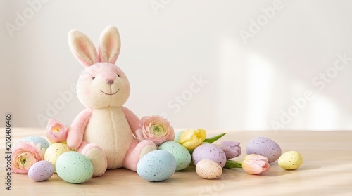 Pastel Easter Bunny Collection, Happy Easter Bunny with Colorful Eggs and Flowers