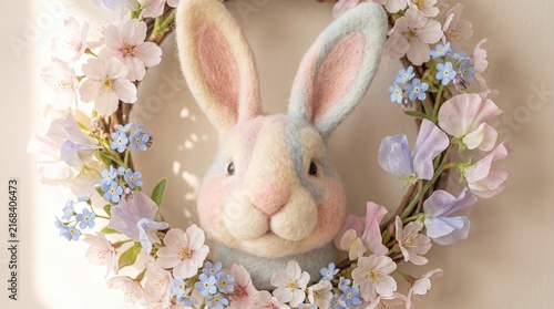 Pastel Easter Bunny Collection, Soft Easter Bunny Surrounded by Floral Decoration