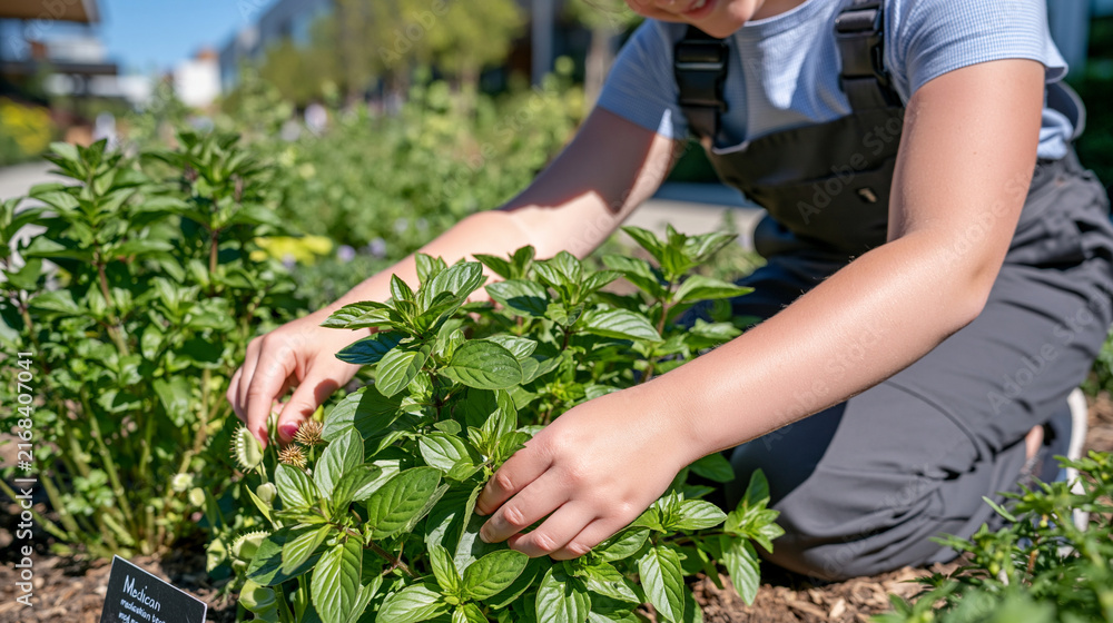 Fototapeta premium A child kneels in a hospital corridor garden bed, eye-level view showing small hands touching labeled medicinal herb specimens under supervision, gamekeeper-style plant stewardship, pediatric wellne