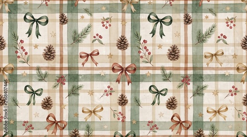 Seamless christmas pattern with pine cones, bows, holly berries and evergreen branches on a rustic plaid background