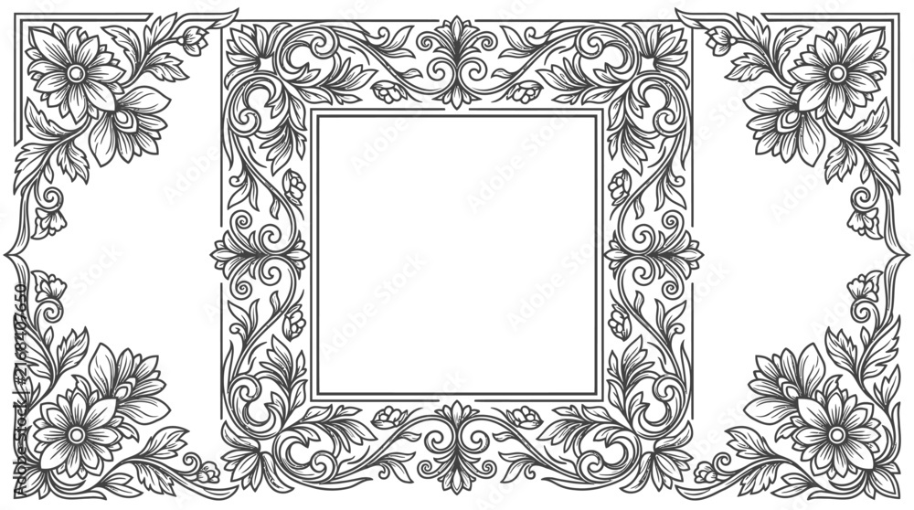 Obraz premium Ornamental frame decorated with detailed floral carvings and classical scrollwork in monochrome style.