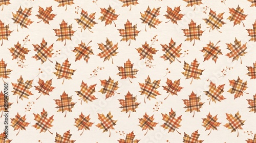 Seamless pattern with autumn maple leaves in plaid design on a textured cream background