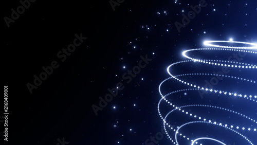 Glowing white particle spiral on dark background, elegant abstract light trail illustration with futuristic depth and clean copy space.