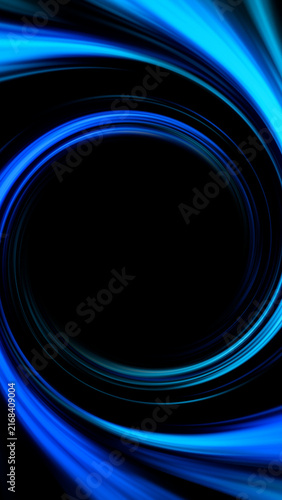 Blue radial swirl tunnel on black background, abstract circular motion illustration with dynamic depth, energy and futuristic speed.