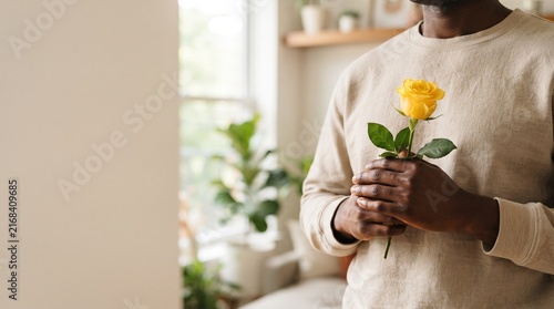 Pessoa adulta segurando delicadamente uma flor amarela sem mostrar o rosto, representando esperança, acolhimento, cuidado emocional e conscientização durante Setembro Amarelo