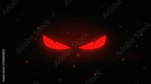 Spooky glowing red eyes with floating dust or embers in the dark Halloween loop background. Creepy red evil eyes shining in the dark with magical sparks