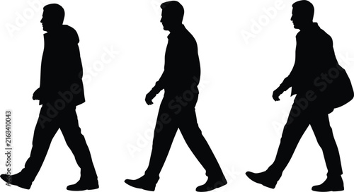 Walking man silhouette vector set, side view of business people or pedestrians moving, active male walking profile